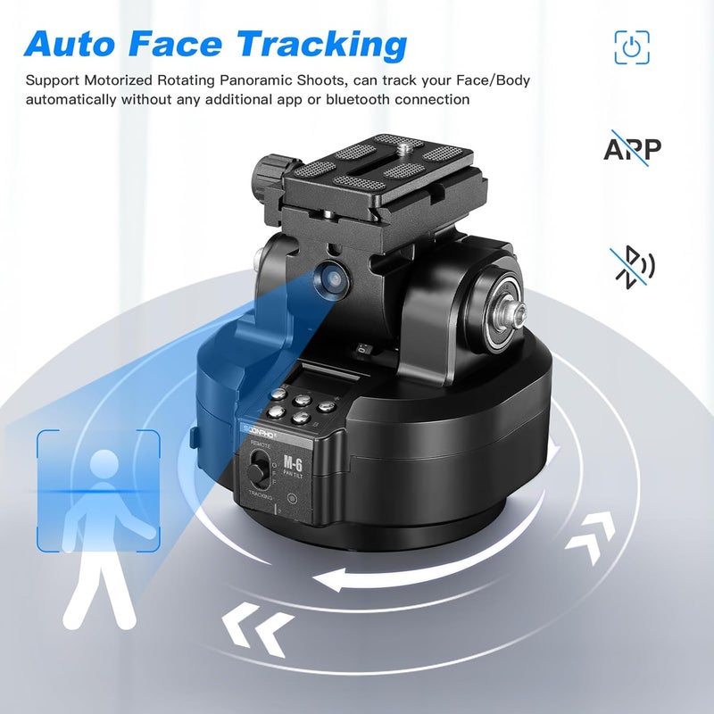 soonpho M6 Auto Face Tracking Motorized Rotating Panoramic Tripod Head, Remote Control 360° Pan Tilt Head with Mobile Phone Clip for DSLR Cameras, Camcorders, Smartphones, Tripod - Image 2
